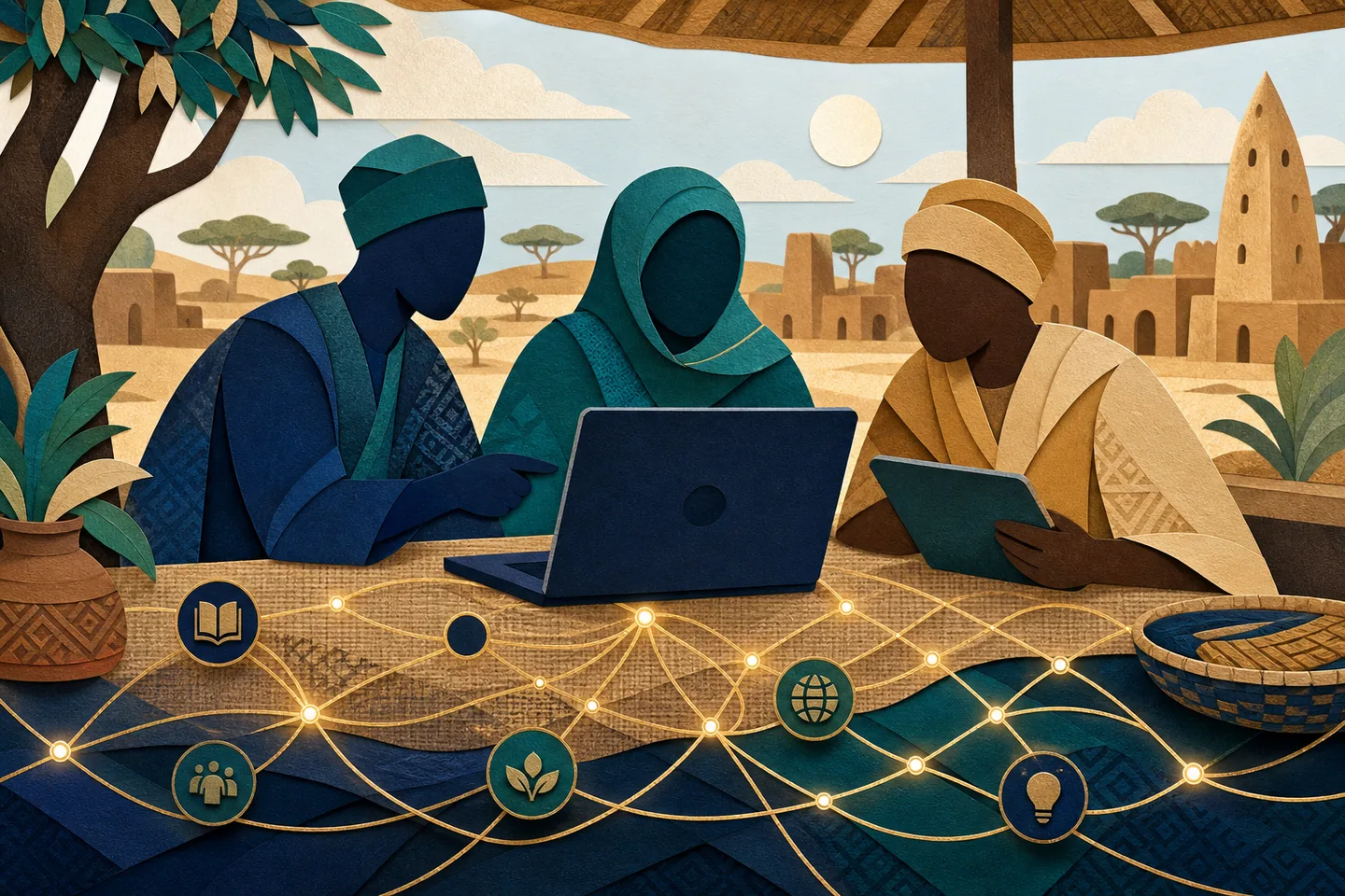 Original illustration of three learners collaborating with a laptop and tablet.