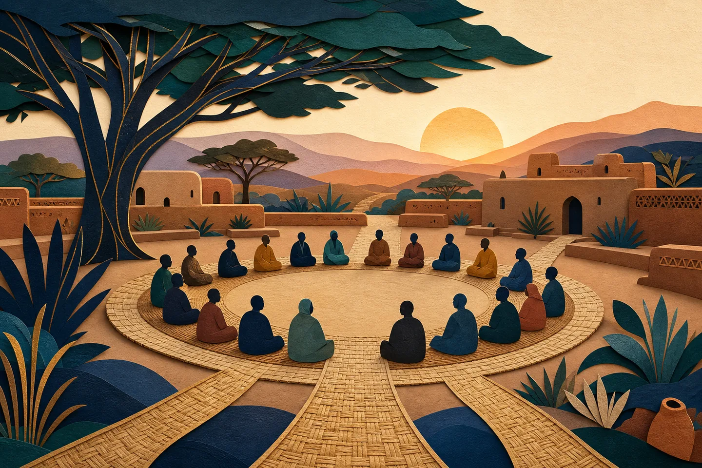 Original illustration of an open community dialogue circle in a warm Sahel landscape.